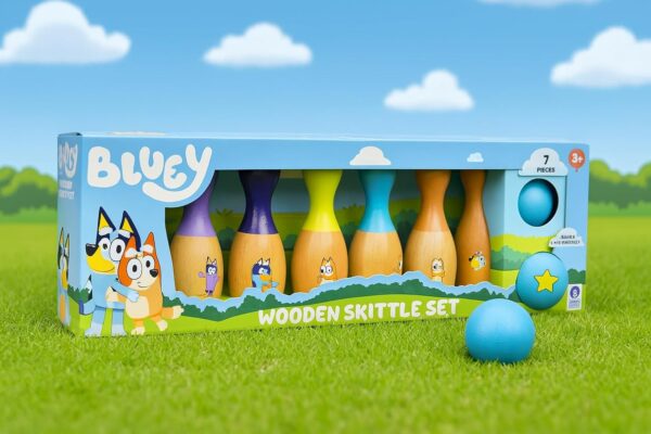 Bluey Wooden Bowling Set - 6 Character Pins & Ball for Indoor & Outdoor Play Ages 3+